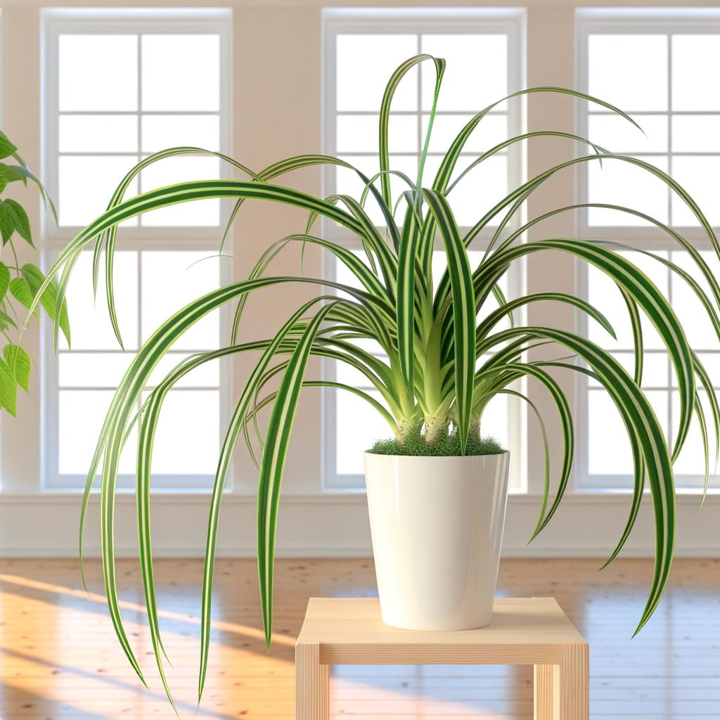 Healthy spider plant with spiderettes in a modern living room.