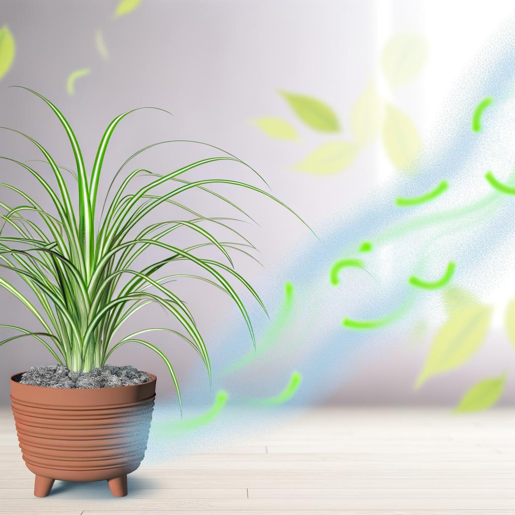 Spider plant with subtle air flow lines and particles being filtered around the plant.