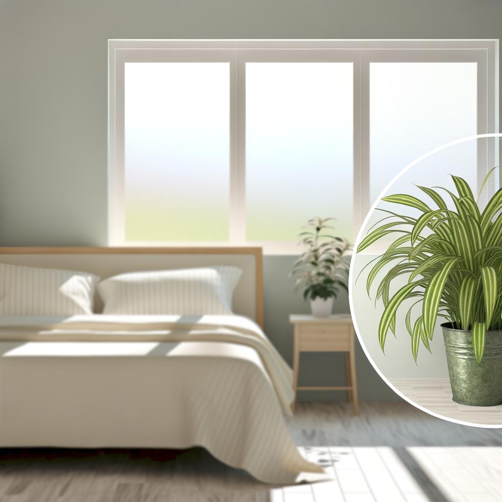 Spider plant in a peaceful bedroom setting, placed on a bedside table or hanging near a window.