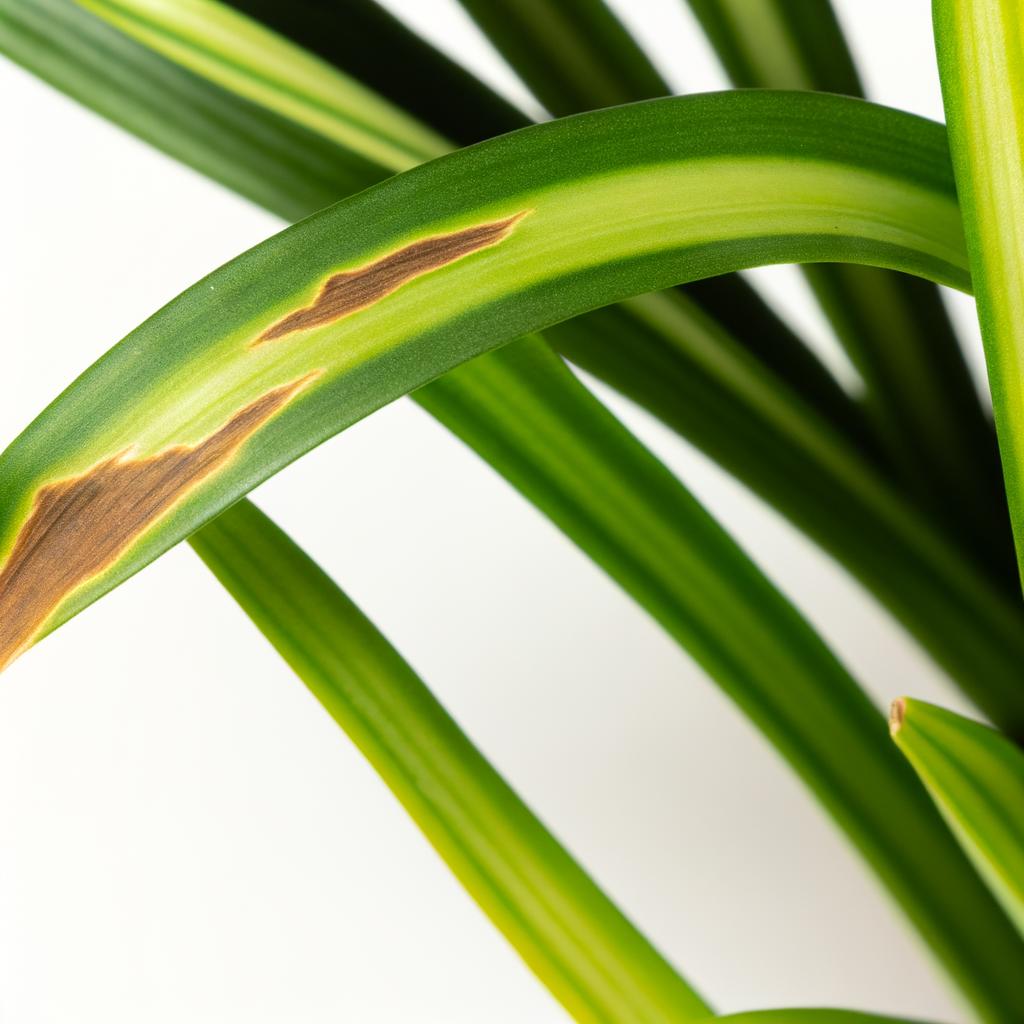 Close-up of spider plant leaves with brown tips.