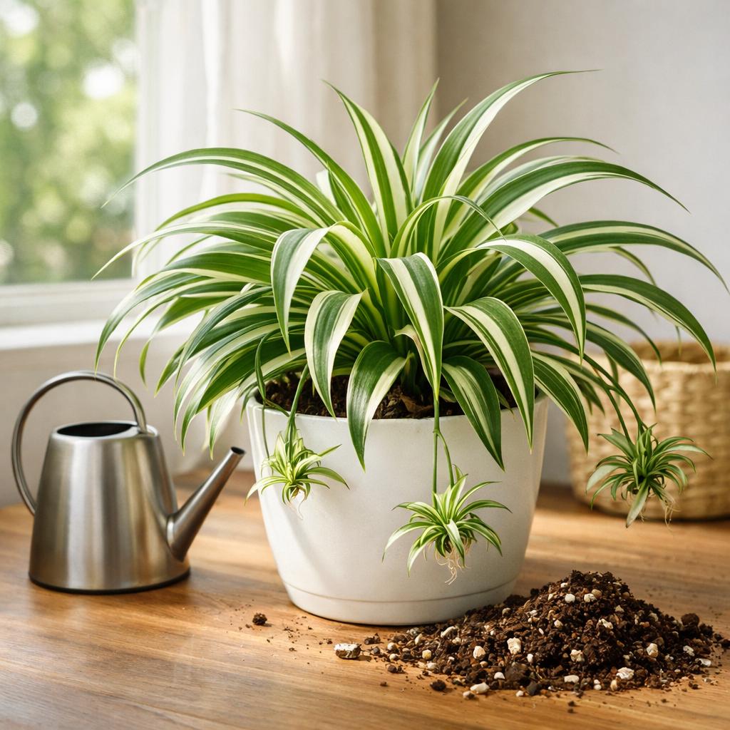 Healthy variegated spider plant in bright indirect light with long arching leaves and baby plantlets.