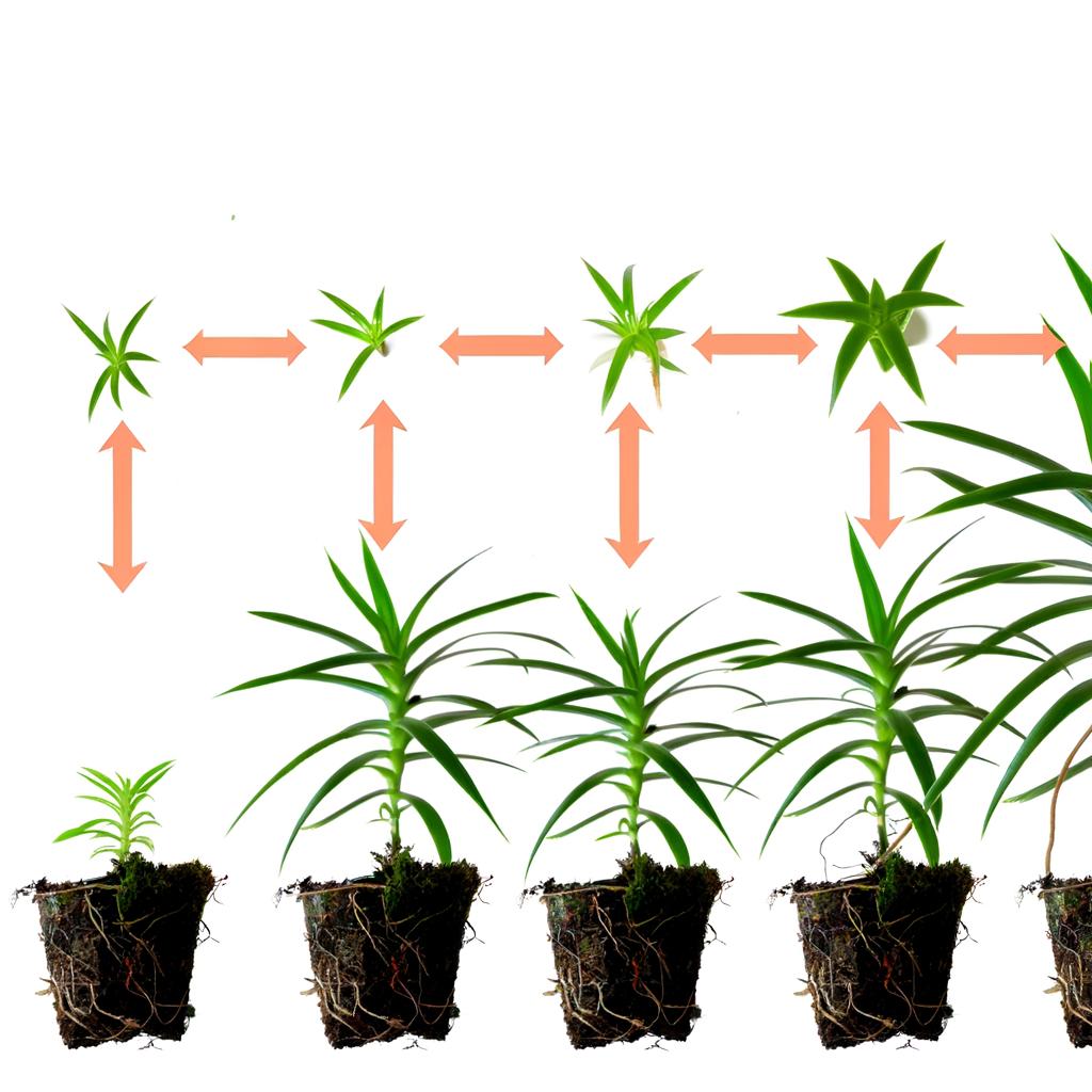 Timeline showing spider plant growth stages from baby plant to mature plant with spiderettes.