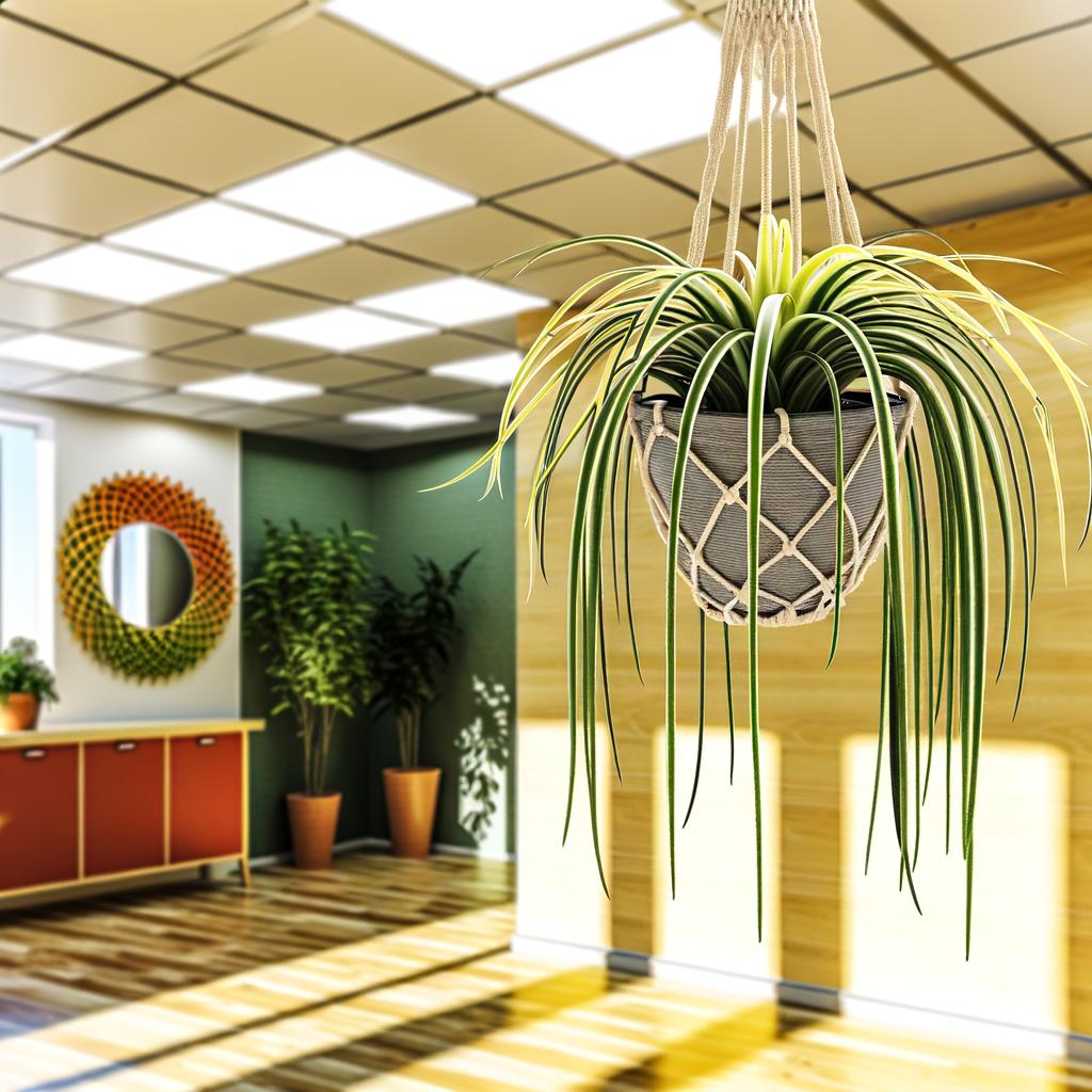 Spider plant hanging from the ceiling in a macrame hanger with cascading spiderettes.