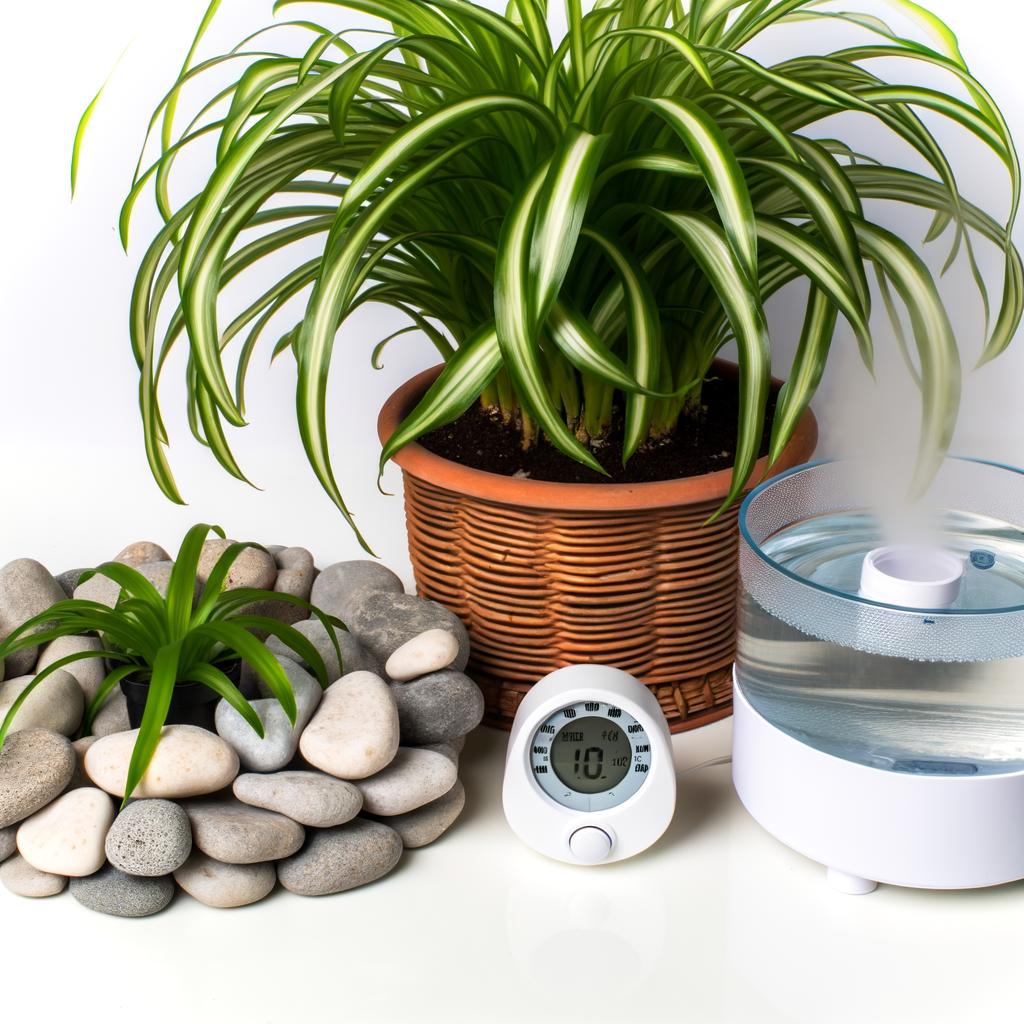 Spider plant with humidity management tools including pebble tray, humidifier, and hygrometer.
