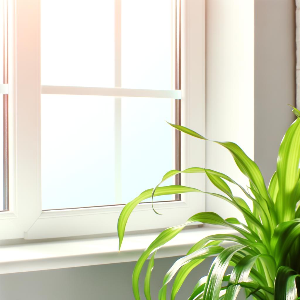 Spider plant positioned near a large window receiving bright, indirect sunlight.