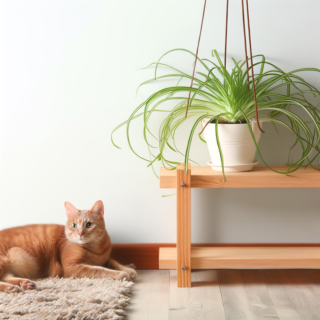 Cat and spider plant in the same room, showing they can coexist safely.