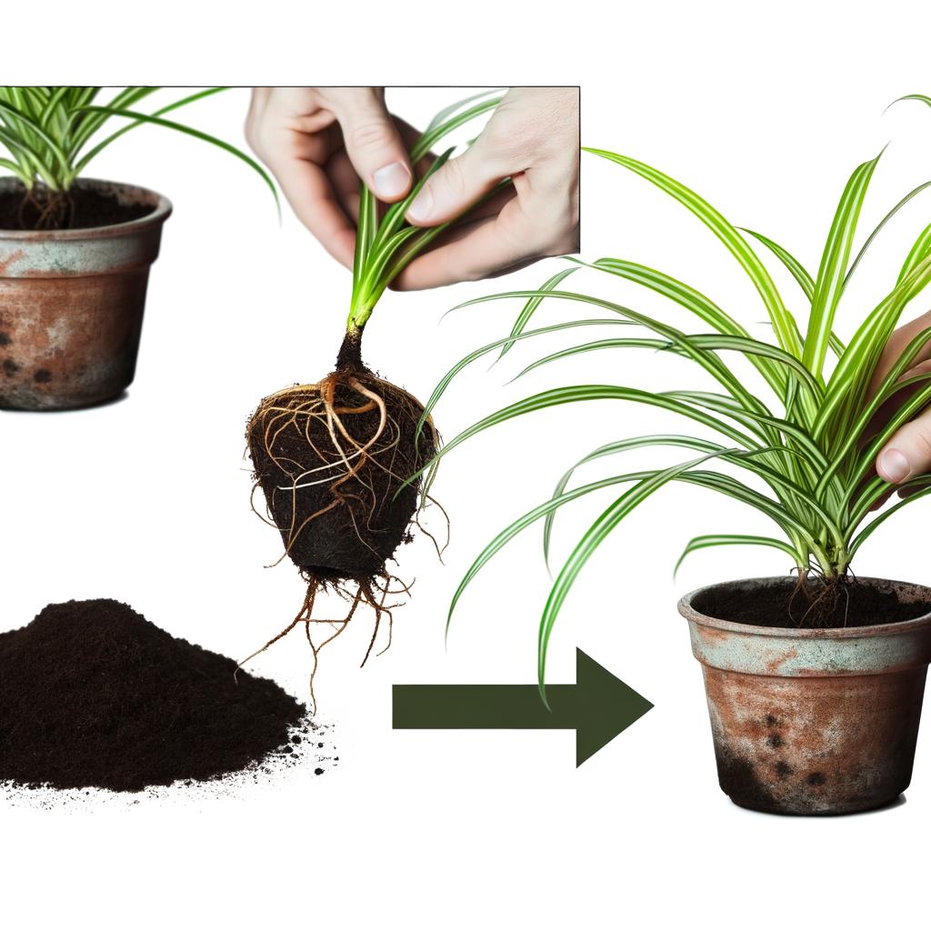 Spider plant being carefully removed from old pot and placed into new pot with fresh soil.