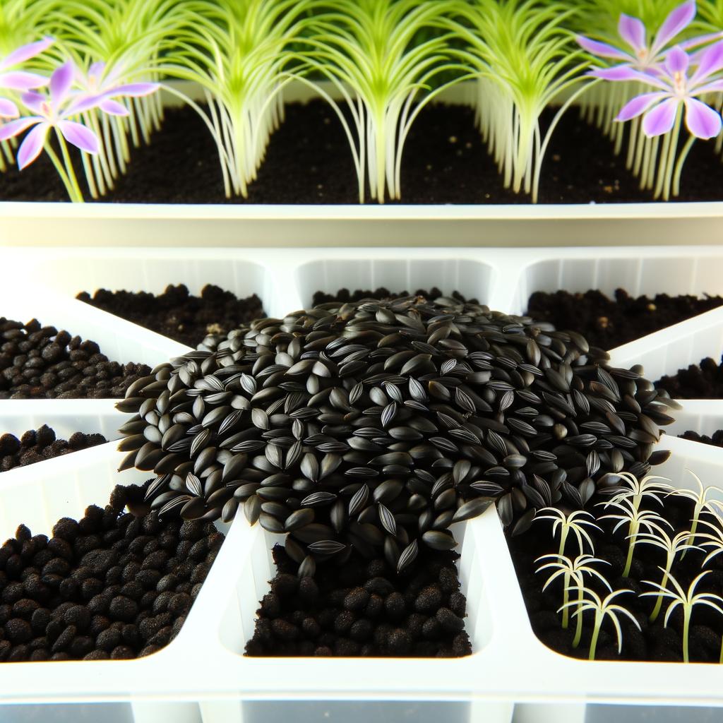 Spider plant seeds collected from flowers, along with small seedlings growing in seed trays.
