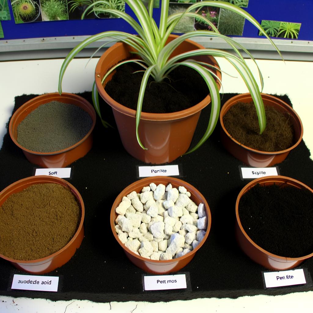 Components for ideal spider plant soil mix including potting soil, perlite, peat moss, and compost.