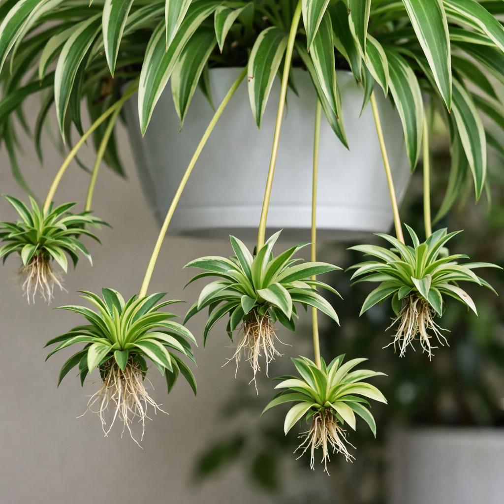 Healthy spider plant with mature spiderettes ready for propagation.