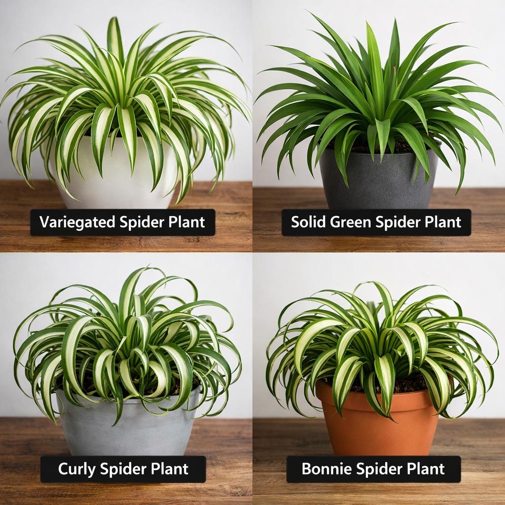 Several spider plant varieties including variegated, green, and curly forms grouped together.