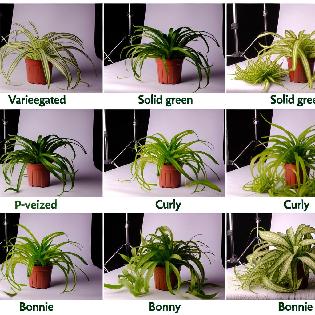 Collection of different spider plant varieties including variegated, solid green, curly, and bonnie types.