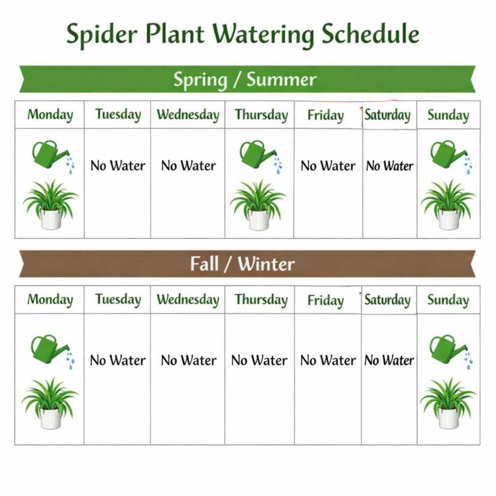 Spider plant watering schedule visual showing seasonal adjustments.