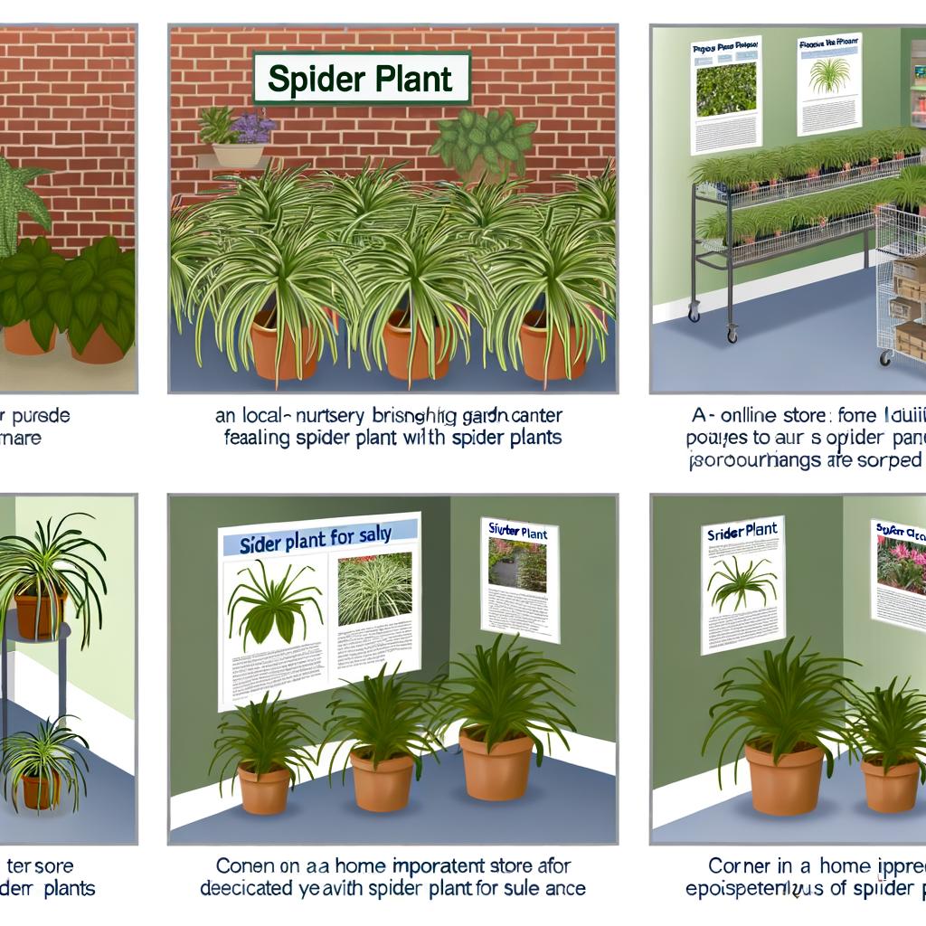 Different places to buy spider plants: local nursery, garden center, online store, and home improvement store.